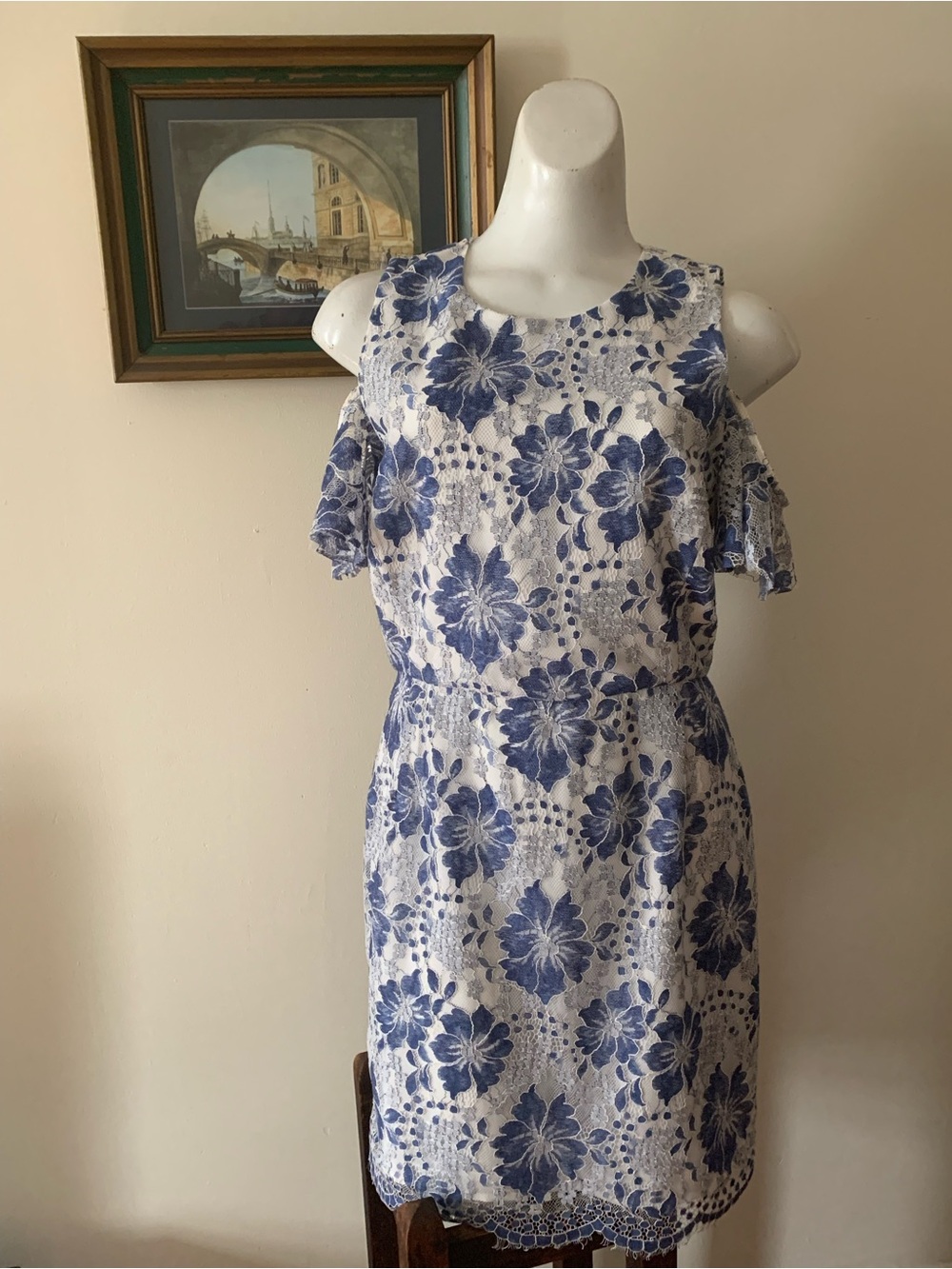 French Connection Blue Floral Cold-Shoulder Lace Dress